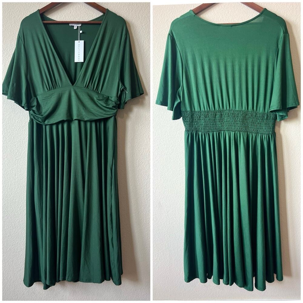 NWT Baltic born Green Midi Dress Deep V Neck Flutter Sleeve Flowy Skirt Plus 2X - Picture 3 of 15